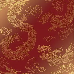 Golden Dragon Pattern: A captivating seamless pattern featuring majestic golden dragons soaring through clouds on a deep red background.