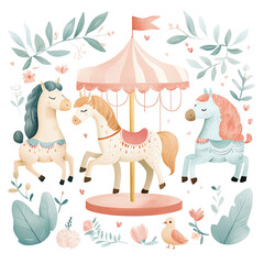 Fototapeta premium transparent Isolated Carousel horses with floral decorations png illustration