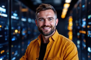 Fototapeta premium portrait of a smiling senior Russian male IT worker looking at the camera, against dark server room background.