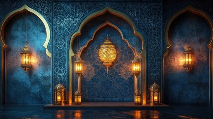 A traditional Islamic archway with ornate details and lit lanterns, set against a dark blue wall with a decorative pattern.