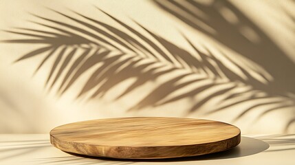 A round wooden podium against a beige wall with a palm leaf shadow, a mockup template for the display of cosmetic products, in a minimalistic style, with soft lighting and a clean background