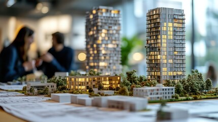 Architectural model of modern city with blurred couple in background.