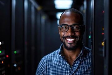  portrait of a smiling senior Saint Lucian male IT worker looking at the camera, against dark server room  background.