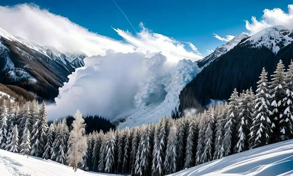 AI generated video of an avalanche on a mountain panorama