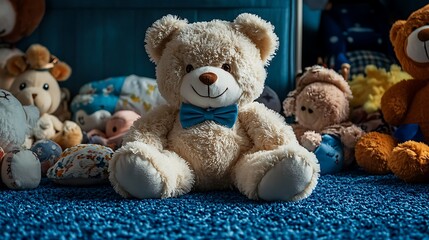 Soft teddy bear with a bow tie sitting on a blue carpet surrounded by other plush toys