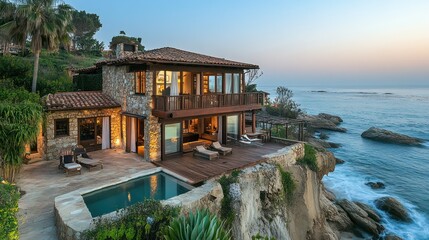 Obraz premium Luxurious oceanfront villa with infinity pool at sunset.