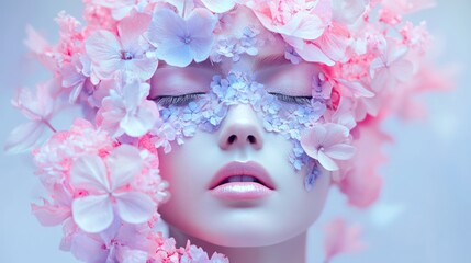 Naklejka premium Serene woman's face adorned with pink and purple flowers, eyes closed.