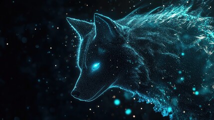 A glowing, ethereal wolf head created with digital effects and particles.