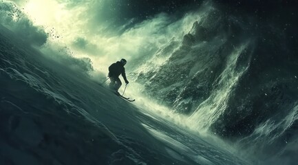 Obraz premium Skier descends steep snowy mountain slope in stormy weather.