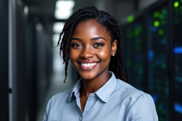 Obraz premium portrait of a smiling senior Sierra Leonean female IT worker looking at the camera, against dark server room background.