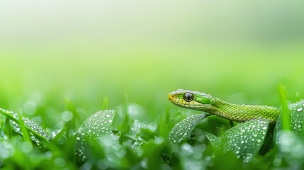 Green Snake Among Dewy Grass in Serene Environment