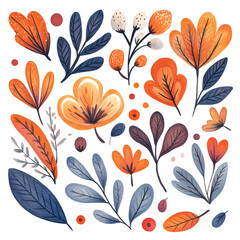 Watercolor vector set of pastel leaves and flowers