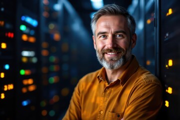 Fototapeta premium portrait of a smiling senior Slovenian male IT worker looking at the camera, against dark server room background.