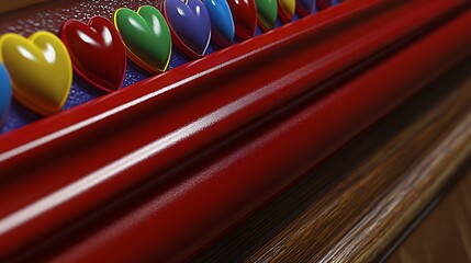 Naklejka premium Colorful Heart Row on Red Fabric Wooden Background