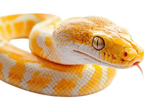 close up of vibrant yellow and white snake, showcasing its intricate scales and striking eyes. snake tongue flicks out, adding sense of liveliness to image