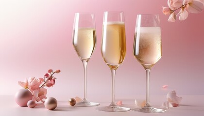 Elegant Glasses of Champagne with Pale Pink Smooth Gradient Background and Floral Accents