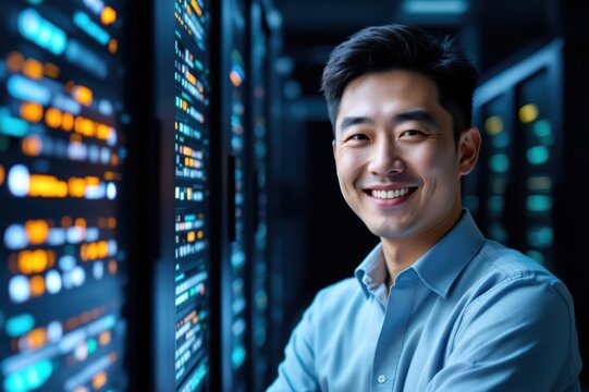  portrait of a smiling senior South Korean male IT worker looking at the camera, against dark server room  background.