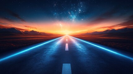Glowing road to sunset and starry sky.