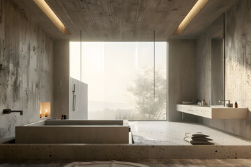 Brutalist interior design. 3d render of modern bathroom with bathtub and panoramic window view, Generative ai