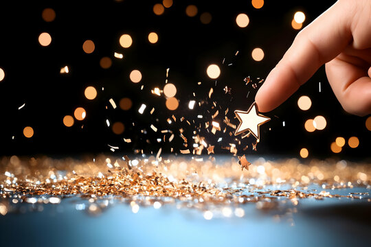 Finger touching gold star with sparkling confetti on dark background.