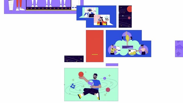 Software developers bento grid animation. Robotics manufacturing, coding. Diverse programmers technology collage motion 4K video web design. Animated cartoon characters collection mood board