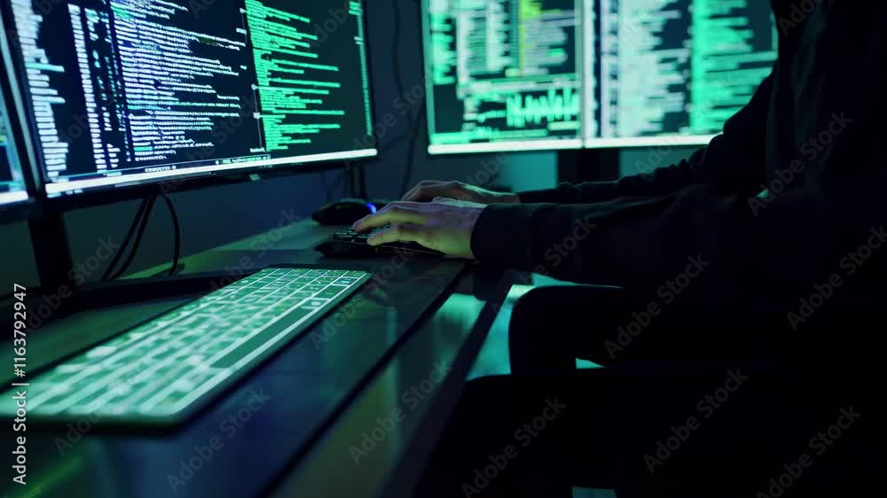 Poster Expert working on multiple screens in a high-tech environment focused on coding and system monitoring