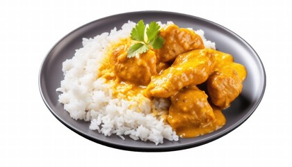 Delicious Plate of Chicken with Rich Curry Sauce Served on a Bed of Fluffy White Rice Garnished with Fresh Herb on a Dark Plate
