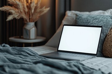 Cozy workspace with laptop on bed, surrounded by soft textiles a