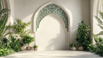 Fototapeta premium A white wall with an ornate archway and potted plants in an empty room.