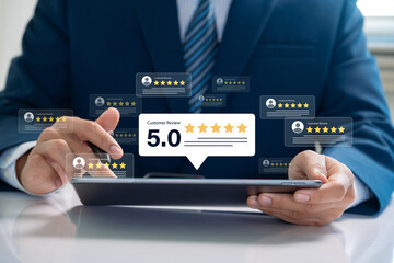 Business Professional Analyzing Customer Reviews. Five-Star Rating and Positive Feedback on Digital Tablet for Corporate Success