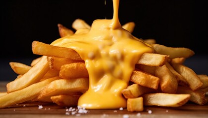 Deliciously Melted Cheddar Cheese Poured Over Crispy French Fries Creating a Tasty Comfort Food Delight