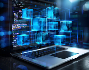Futuristic digital hologram of cubes or blocks on laptop screen, concept of data transfer and online storage technology, Generative ai