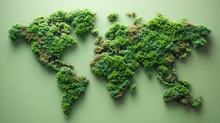 Lush green moss world map on pale green background.