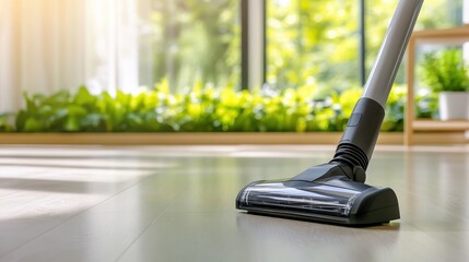 Close-up of vacuum cleaner head on wooden floor with natural sunlight and green plants in the background.
