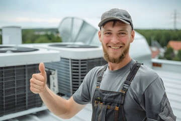 happy smiling male worker technician wearing overall installing air conditioner and looking cheerful, Generative ai