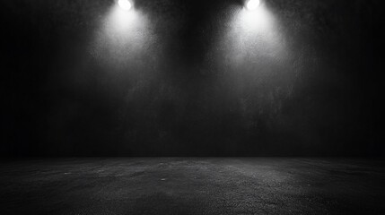 A dimly lit stage with two spotlight beams on a dark surface.