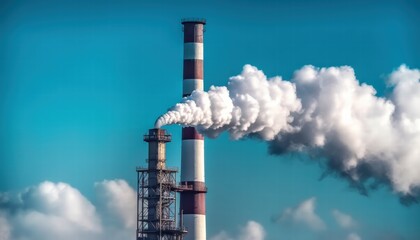 Obraz premium Smokestack Emitting White Smoke Against Clear Sky at a Coal Power Plant with Striking Red and White Bands on Stacks