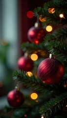 Classic Xmas tree, red blurred lights, shiny baubles , red, glow