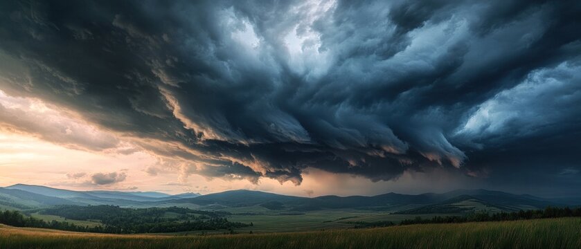 Dramatic sunset storm clouds over rolling hills and fields.