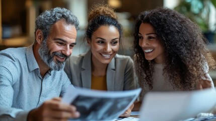 Fototapeta premium Smiling dentist sharing X-ray results with patients in dental office, Generative AI