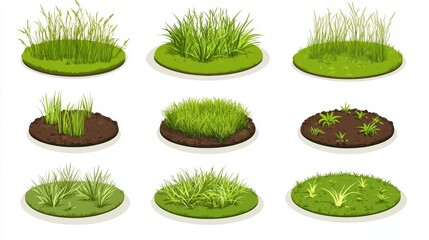 Land pieces with green grass realistic vector illustration. Trimmed round and square park or garden plots with soil and plants, perspective view isolated on white background