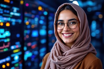  portrait of a smiling senior Tunisian female IT worker looking at the camera, against dark server room  background.
