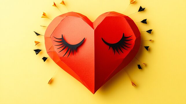Red Geometric Heart with Eyelashes and Arrows