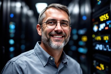 Fototapeta premium portrait of a smiling senior Ukrainian male IT worker looking at the camera, against dark server room background.