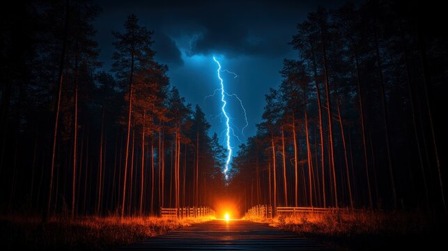 Lightning strike over forest road at night.