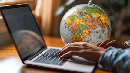 Hands Typing on Laptop Near a World Globe