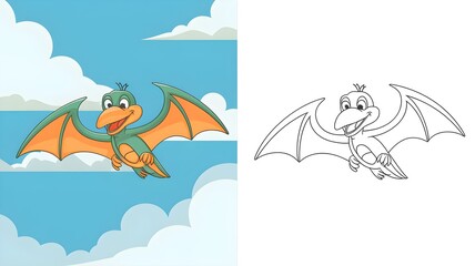 Happy Pterodactyl Cartoon Coloring Page for Kids