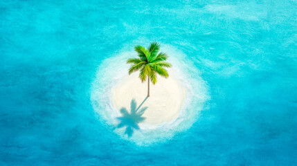 Single palm tree growing on a tiny tropical island in turquoise water