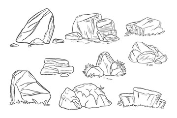 Stones outline drawing. Isolated rock line arts. Mountain boulders sketch. Hand drawn rubble groups. Ruins outline template