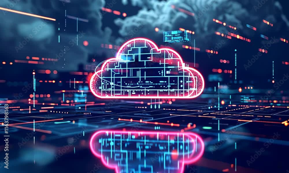 Wall mural neon glowing cloud representing modern cloud computing with digital elements